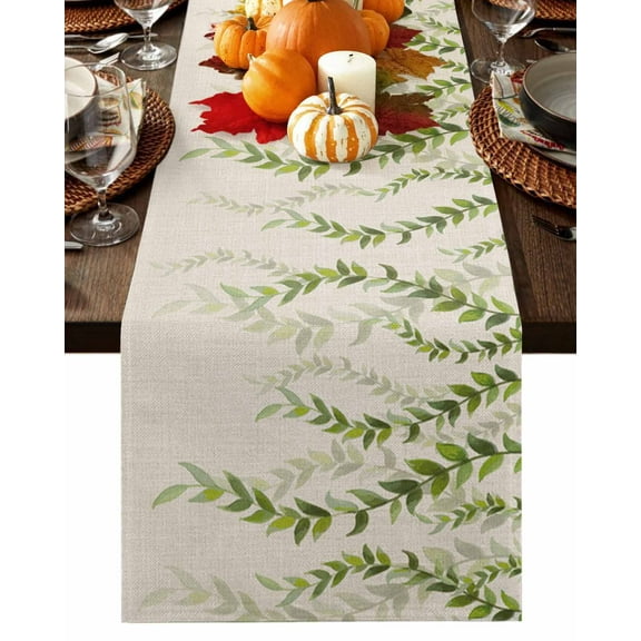 Green Vine Leaf Table Runner-Cotton Linen- 72 Inch Holiday Dresser Scarves, Country Rustic Watercolor Plant Beige Tablerunner for Kitchen Coffee/Dining Bedroom Living Room Dinner Scarf Décor 18x72