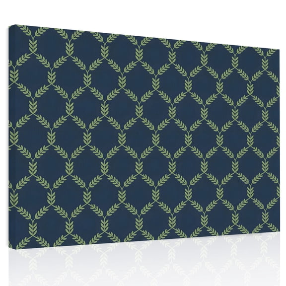 Green Vine Trellis Canvas Print Wall Art, Traditional Leaf Diamond Grid Navy Blue Wall Decor Modern Artwork Paintings Pictures for Living Room Framed and Stretched Ready to Hang 24" x 32"
