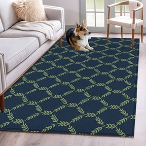 Green Vine Trellis Runner Rug Non Slip 2.7x5 Traditional Leaf Diamond Grid Navy Blue Washable Rug Runner for Hallways Low Pile Kitchen Rugs Stain Resist Carpet for Bathroom Bedroom Entryway