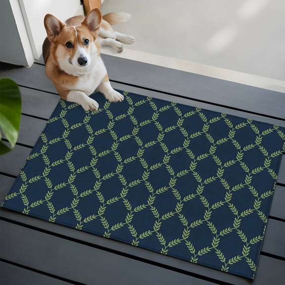 Green Vine Trellis Small Area Rugs 2x3 Traditional Leaf Diamond Grid Navy Blue Entryway Rugs Washable Door Mat, Low-Profile Area Rugs Non Slip Floor Carpet for Living Room Bedroom Home Office