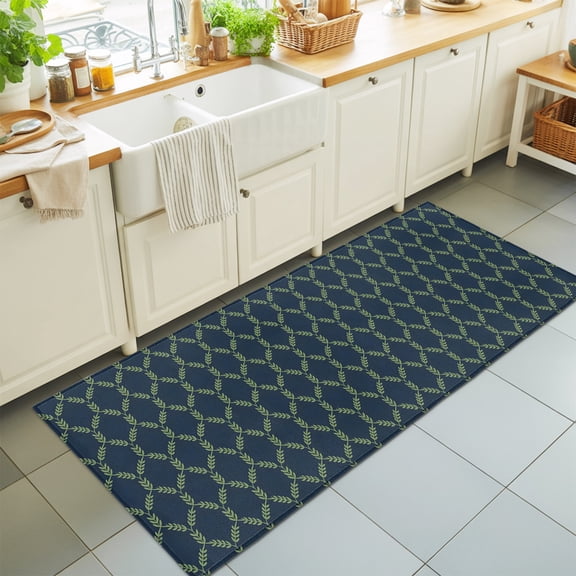 Green Vine Trellis Washable Runner Rugs 2'x6', Traditional Leaf Diamond Grid Navy Blue Washable Runner Rug Non-Slip Sturdy Edge Binding Carpet for Bedside Hallway Runner Kitchen Galley