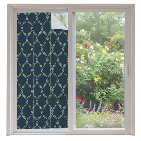 Green Vine Trellis Window Privacy Film Traditional Leaf Diamond Grid Navy Blue Decorative Glass Window Film UV Blocking Static Cling Non-Adhesive Sticker Covering for Home Door 35.4x78.7 inches