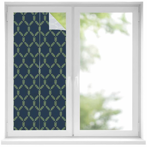 Green Vine Trellis Window Privacy Film Traditional Leaf Diamond Grid Navy Blue Decorative Glass Window Film UV Blocking Static Cling Non-Adhesive Sticker Covering for Home Door 17.7 x 39.3 inches