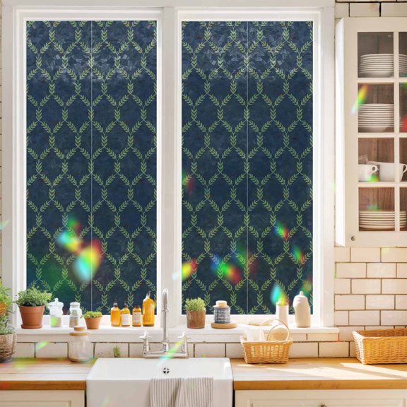 Green Vine Trellis Window Privacy Film Traditional Leaf Diamond Grid Navy Blue Static Cling Stained Glass Window Film Non-Adhesive Decorative Decals Rainbow Sticker 17.7"X39.3"