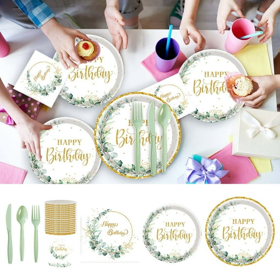 Green Vine Vibes Party Plates Supplies, Paper Cups Plates Napkins Cutleries, Serves 20 Disposable Dinnerware Decor for Wedding Birthday Baby Shower