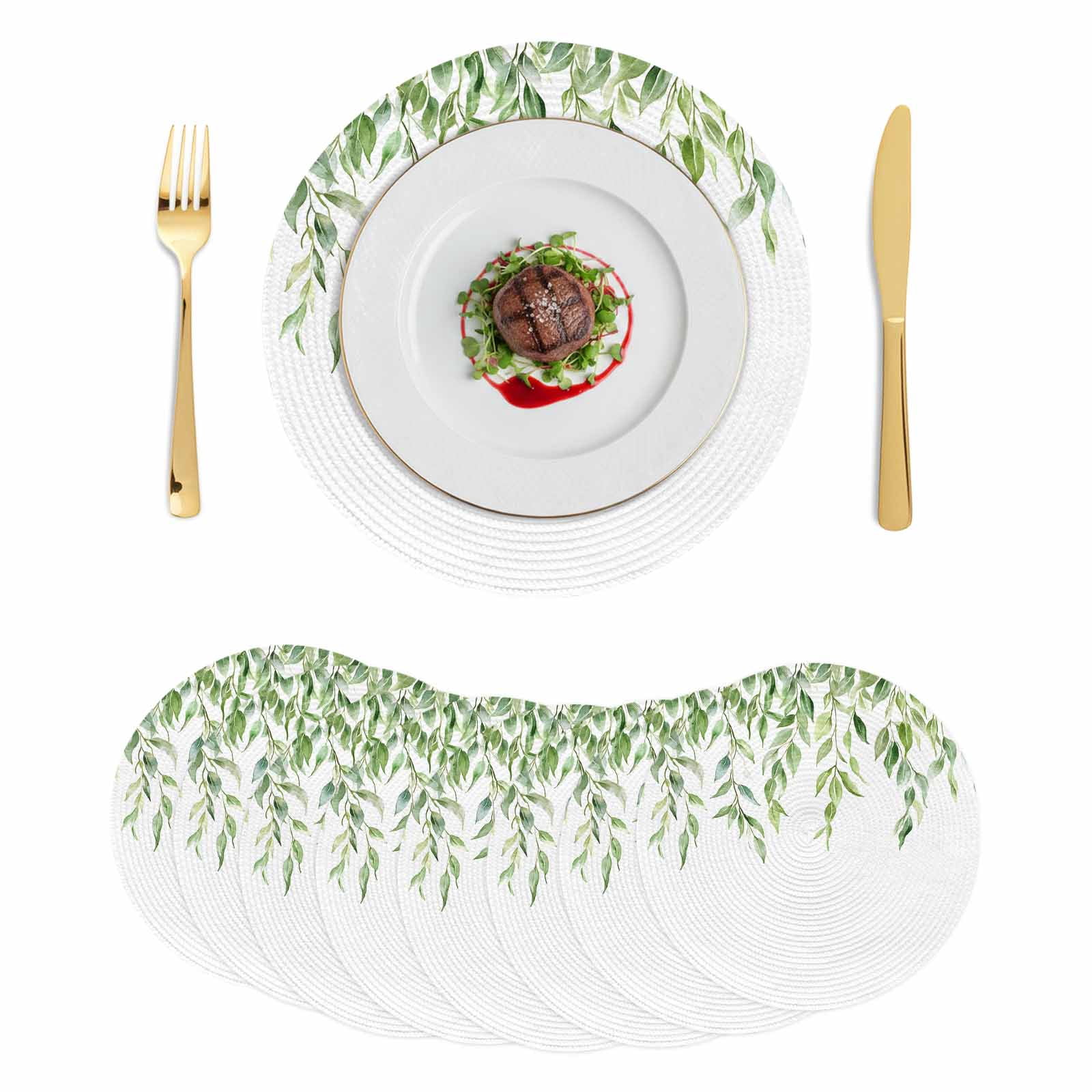 Green Vines Round Placemats Set of 8 Spring Botanical Plants Leaves Farmhouse Place Mats Indoor Woven Table Mats Washable Heat-Resistance Braided Dining Table Placemats for Kitchen Party 15 Inch