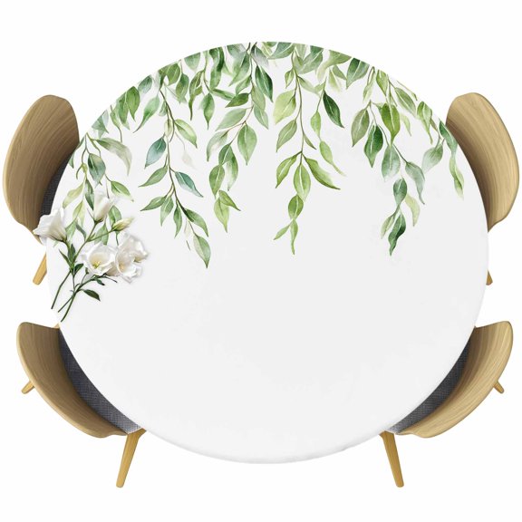 Green Vines Round Tablecloth 36-44 Inch Round Fitted Table Cloth with Elastic Edge, Spring Botanical Plants Leaves Farmhouse Waterproof Table Cover Protector for Outdoor Picnic Party Dining