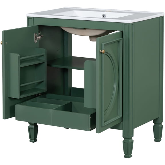 Green Vintage 30" Bathroom Vanity with Overflow Sink | Great for Preventing Water Spills in the Bathroom | Get Ample Storage with Two - Tier Shelves and a Removable Drawer Panel