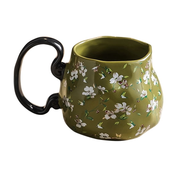 Green Vintage Ceramic Coffee Mug 12Oz, Spring Floral Design, Farmhouse Tea Cup For Home Office, Lead-Free Stoneware Drinkware, 1Pc
