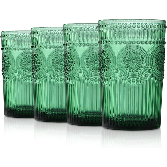 Green Vintage Drinking Glasses,Embossed Ribbed Water Glass Cups,Colored Sunflower Patterned Highball,Beaded Tumblers Glassware Set for Beverages Juice,12 oz,Set of 4,Dishwasher Safe