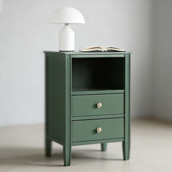 Green Vintage Nightstand Classic Vintage Bedside Table with 2 Storage Drawers & Lower Shelf | Farmhouse Bedroom Furniture with Elegant Fluted Legs