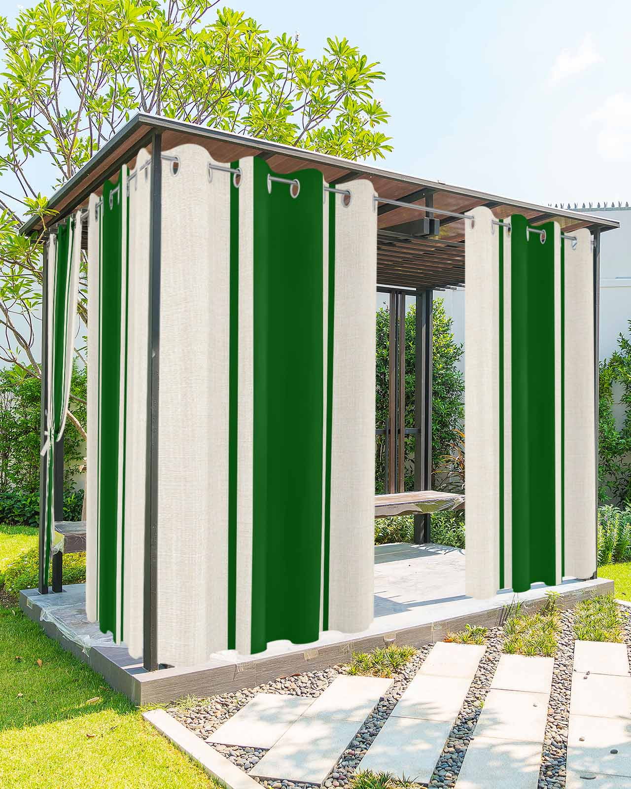 Green Vintage Outdoor Curtains for Patio, Geometric Stripes Simple Lines Privacy Drapes Grommet Waterproof Outside Curtains for Porch/Cabana/Balcony 54"x 84", 1 Panel