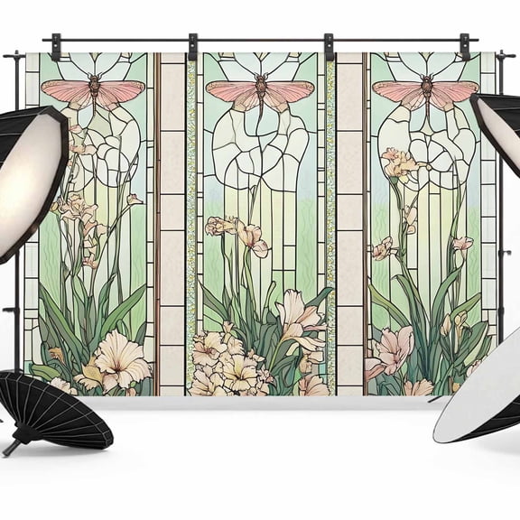 Green Vintage Stained Glass Backdrop for Photography, Flowers Butterfly Photo Backdrop Portrait Background Party Banner Photo Backgrounds for Studio Booth Props, 7x5ft