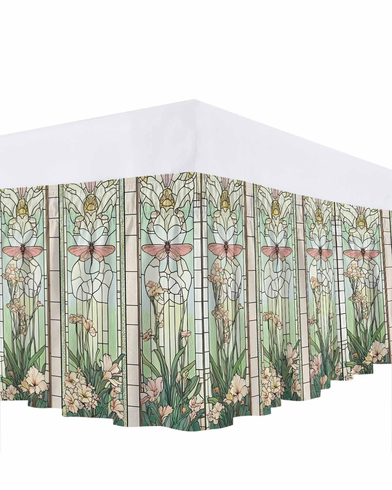 Green Vintage Stained Glass Bed Skirt Flowers Butterfly Bed Skirts Queen Size 16 Inch Drop, Wrap Around Dust Ruffle&nbsp;Bedskirt with Adjustable Elastic Belt for Queen Size Beds