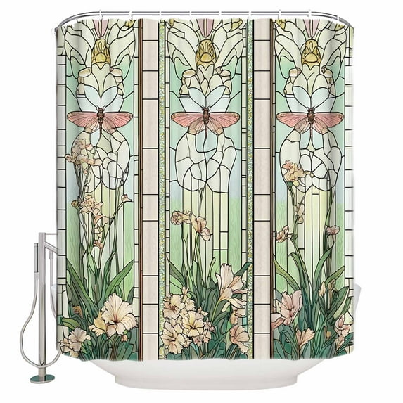 Green Vintage Stained Glass Shower Curtain, 48" x 72", Flowers Butterfly Waterproof Bathroom Curtain Washable Shower Curtain Set with 12 Hooks