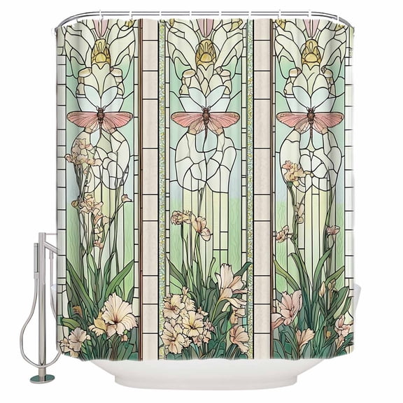Green Vintage Stained Glass Shower Curtain, 72" x 72", Flowers Butterfly Waterproof Bathroom Curtain Washable Shower Curtain Set with 12 Hooks