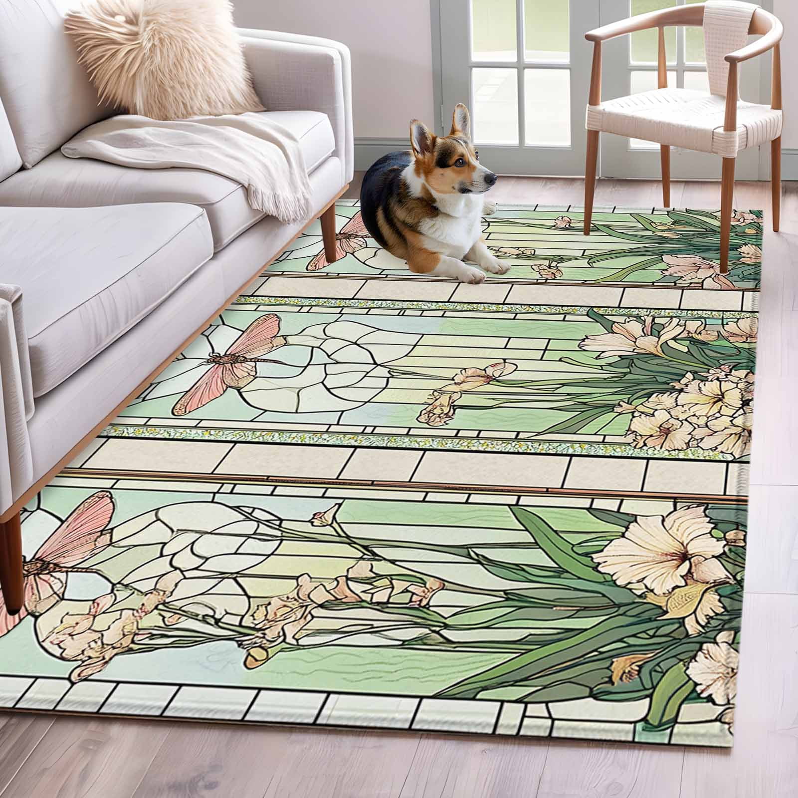 Stained Rug Design Green Vintage Stained Glass Washable Area Rug 3x5 Flowers Butterfly Low ...