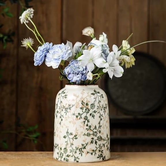 Green Vintage Vase, Chinoiserie Floral Vases, Retro Ice Cracked Ceramic Large Vases for Home Decors, Living Room,Bookshelf, Office, Grand Millennial Decor, Chinoiserie Decors, Tuscan Decor 7.8 Inch