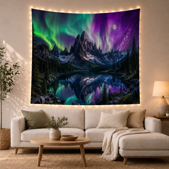 Green and Violet Aurora Over Moonlit Mountain Lake, Dreamy Digital Art for Astronomy Fans, Northern Lights Decor, Christmas Gift, Tapestry Wall Hanging for Bedroom and Dorm