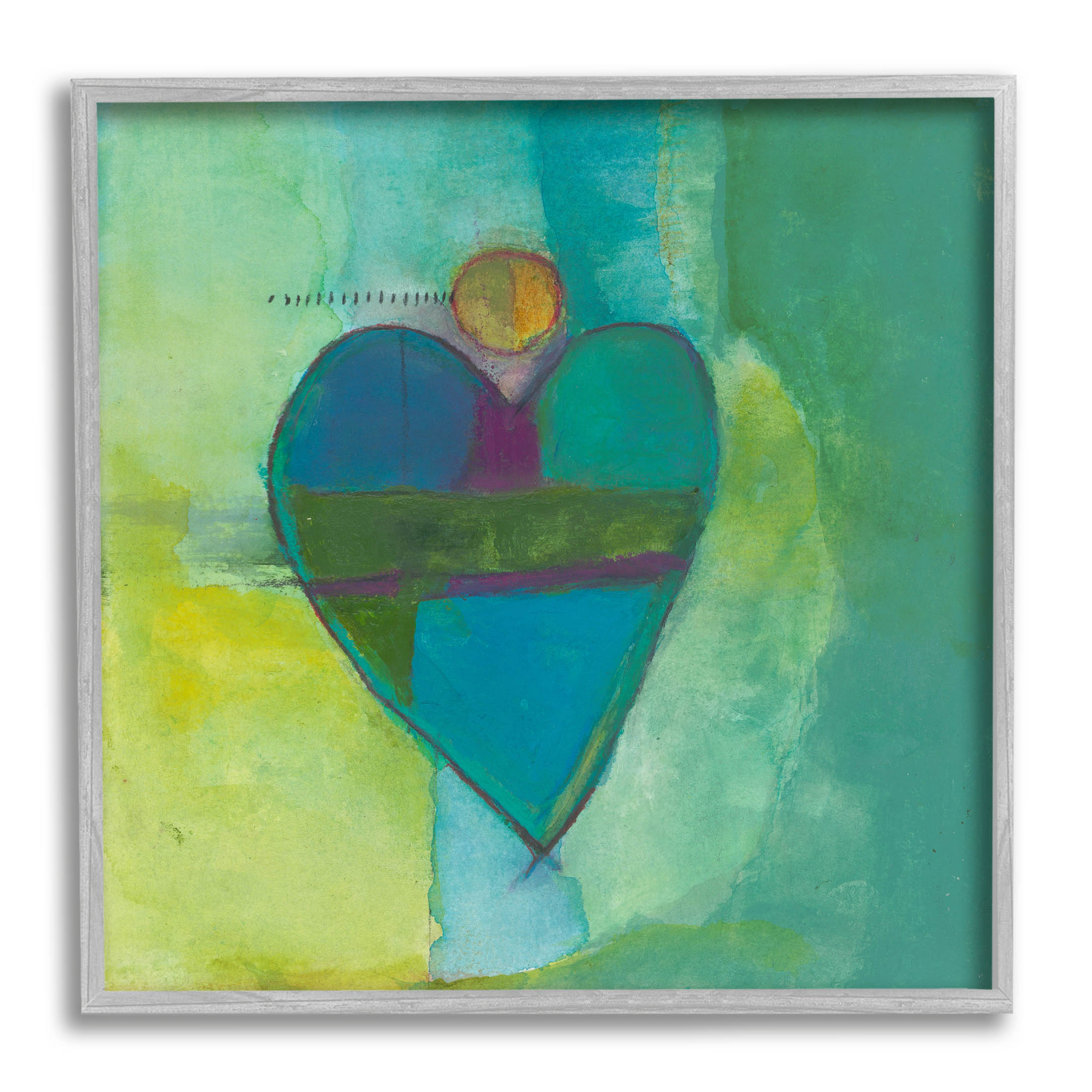 Green Vivid Heart Shape Abstract Painting Gray Framed Art Print Wall Art