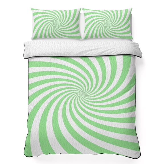 Green Vortex 3 Piece Quilt Bedding Set with 2 Pillow Shams, Abstract White Pale Green Spiral Optical Motion Style Lightweight Bedspread Coverlet, Soft Breathable All Season Quilt, 68 x 86 Inch