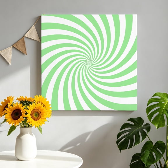 Green Vortex Canvas Wall Art, Abstract White Pale Green Spiral Optical Motion Style Framed Canvas Wall Decor Picture Print Artwork Decorations for Living Room Office Ready to Hang 8" x 8"