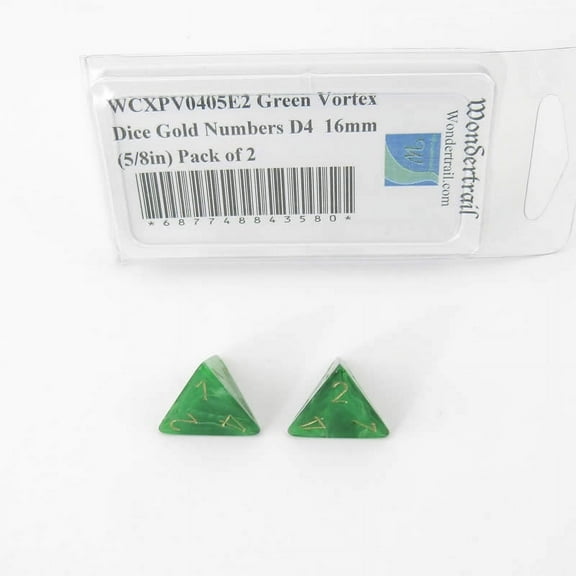 Green Vortex Dice with Gold Numbers D4 Aprox 16mm (5/8in) Pack of 2 Wondertrail