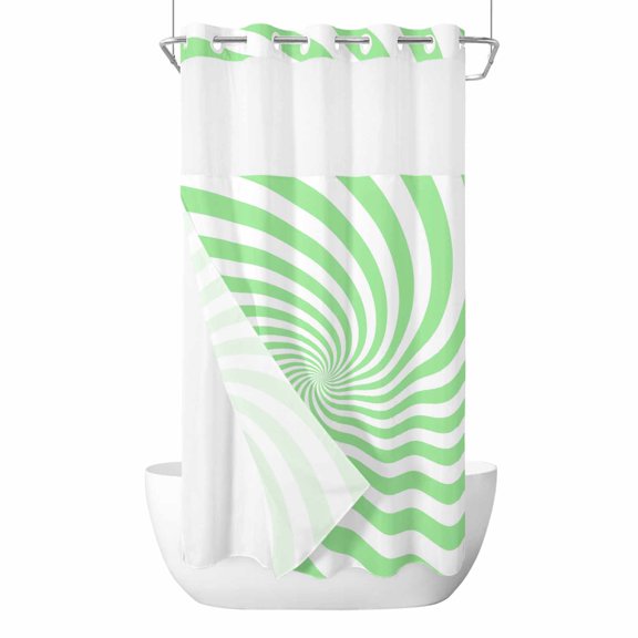 Green Vortex No Hook Shower Curtain and Snap in Liner Set, Abstract White Pale Green Spiral Optical Motion Style Waterproof Shower Curtain Liner Set with Mesh Top Window for Bathroom 36x72in