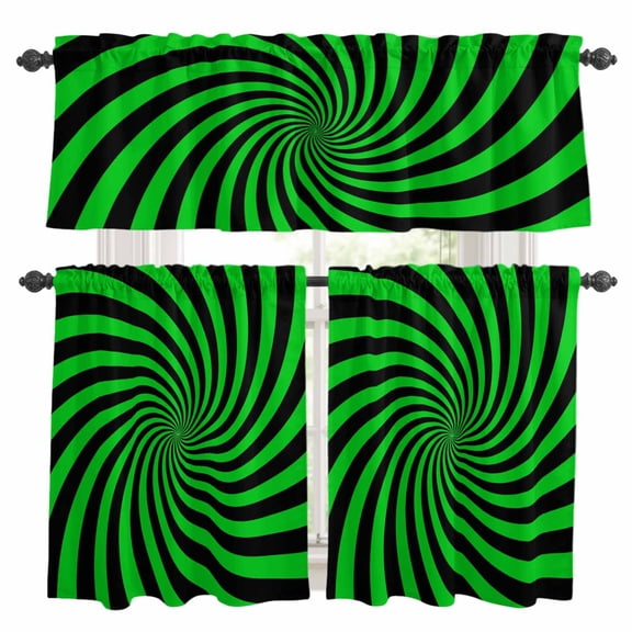 Green Vortex Kitchen Curtains Set for Windows, Abstract Green Black Lime Spiral Optical Motion Style Curtains Valance and Tier 3 Piece Set Small Drapes 24 Inch Length for Kitchen Bedroom Decor