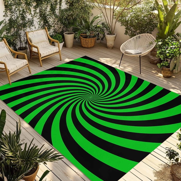 Green Vortex Outdoor Rug 5x7 ft Abstract Green Black Lime Spiral Optical Motion Style Non Slip Patio Rug Washable Absorbent Large Outdoor Carpet Outside Mat for Porch RV Garden Camping