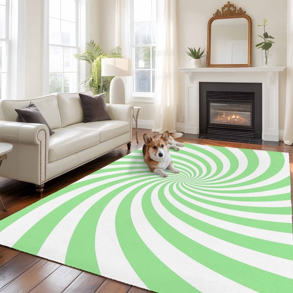 Green Vortex Washable Area Rug 8x10 Abstract White Pale Green Spiral Optical Motion Style Low-Profile Large Area Rugs with Non Slip Backing Indoor Floor Carpet for Entrance Living Room Bedroom