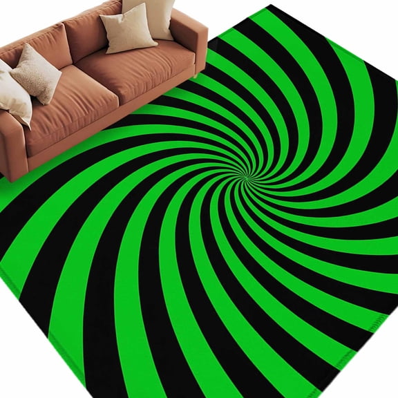 Green Vortex Washable Living Room Rugs 8'x10', Abstract Green Black Lime Spiral Optical Motion Style Low Pile Throw Large Area Rug Non-Slip Sturdy Edge Binding Carpet for Bedroom Dining Room Office