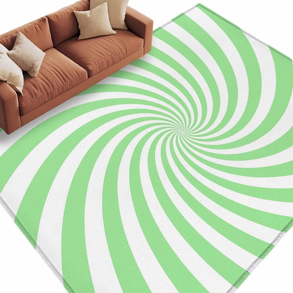 Green Vortex Washable Living Room Rugs 9'x12', Abstract White Pale Green Spiral Optical Motion Style Low Pile Throw Large Area Rug Non-Slip Sturdy Edge Binding Carpet for Bedroom Dining Room Office
