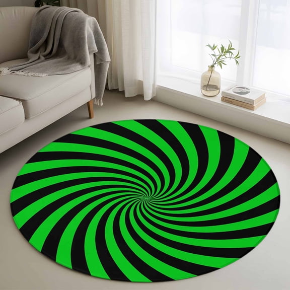 Green Vortex Washable Round Area Rug 3 ft, Abstract Green Black Lime Spiral Optical Motion Style , Soft Non Slip Rugs Stain Repellent Indoor Felt Carpet for Living Dining Room Bedroom Home Office