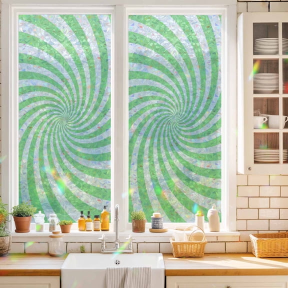 Green Vortex Window Privacy Film Abstract White Pale Green Spiral Optical Motion Style Static Cling Stained Glass Window Film Non-Adhesive Decorative Decals Rainbow Sticker 17.7"X39.3"