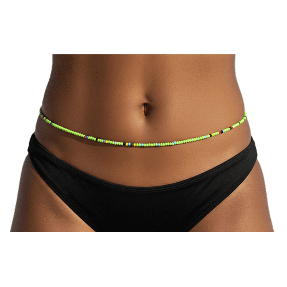 Green Waist Beads with Colorful Accents, 2MM Seed Beads, 44 Inches of Beads, Traditional Tie-On Cotton Thread