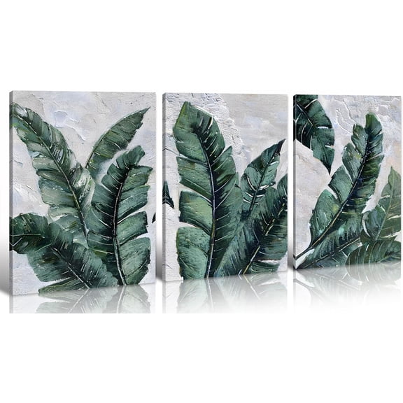 Green Wall Art, Botanical Canvas Wall Art, Modern Bathroom Wall Decor with Tropical Leaf Prints Painting, Gray and Emerald Green Wall Art for Living Room Bedroom Wall, 12x16 inch, Set of 3