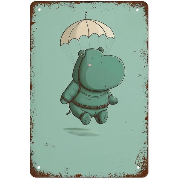 Green Wall Art Skydiving Hippo Vintage Metal Tin Sign, Relaxing Fun Wall Decor, 8 x 12 Inches