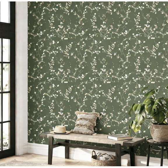 Green Wallpaper Bird on The Tree Branch Wallpaper Peel and Stick Light Yellow Flrower Wall Stick Natural Aesthetics Wall Decal for Bedroom Living Room 17.3In X 9.8 Ft