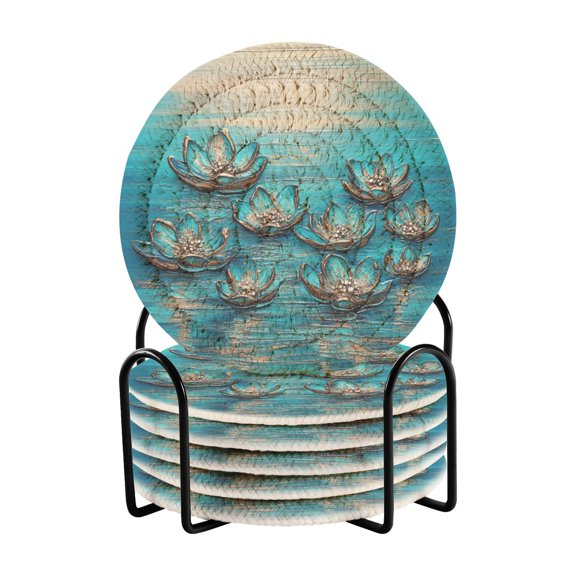 Green Water Reflection 4in Bar Coasters Set of 6 with Storage Rack Durable Heat Resistant