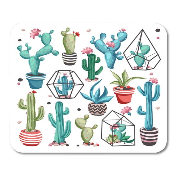 Green Watercolor Cacti Flower Collection of Cactus and Succulents White in Trendy Cute Cartoon Style Pink Mousepad Mouse Pad Mouse Mat 9x10 inch
