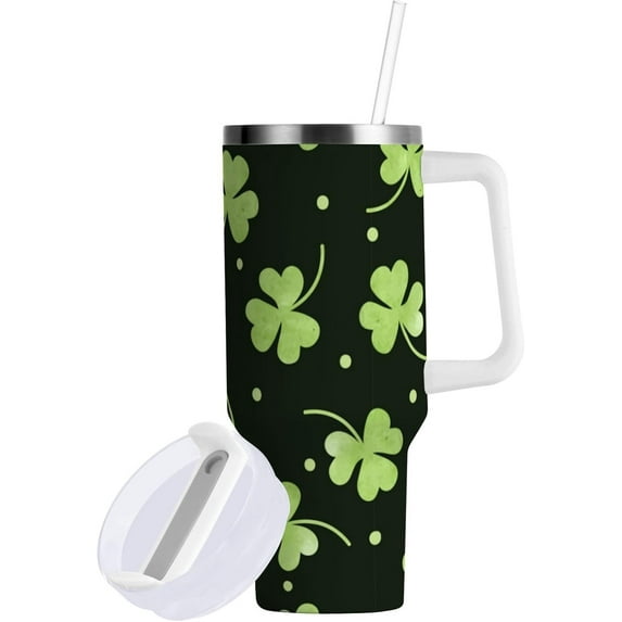 Green Watercolor Clover Tumbler Handle Lid and Straw Saint Patrick''s Day Water Bottle Stainless Steel Coffee Travel Tumbler Mug Cup Gifts for Men Women 40oz