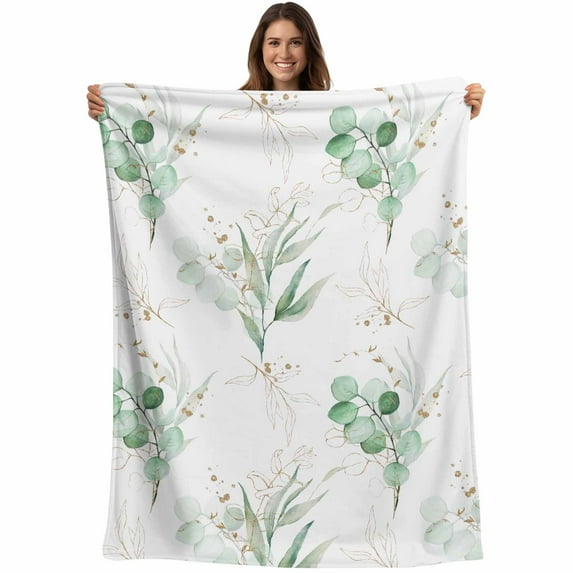 Green Watercolor Eucalyptus Leaf Throw Blankets, Golden White Soft Fleece Blanket Decorative for Home Sofa Couch Chair Living Bedroom, 60x80 inches,