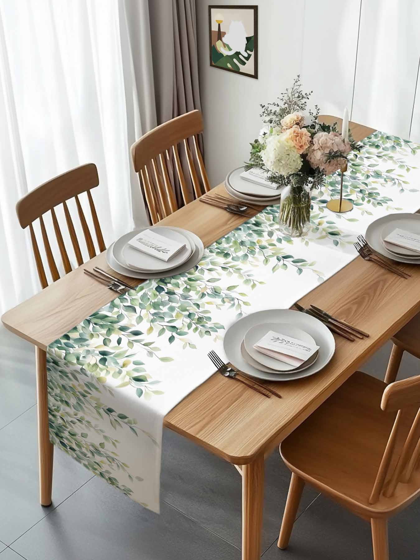 Green Watercolor Eucalyptus Leaves Table Runner 90 Inches Long, Spring Foliage on White Table Runners Tabletop Scarf Kitchen Dining Tables Decoration for Home Party Indoor Outdoor