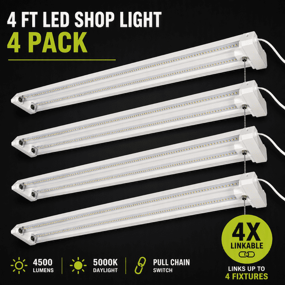Green Watt 4-ft LED Linear Garage Shop Light, Linkable, 120V Plug-In, 4500 Lumens, 40-Watt, Daylight (4-Pack)