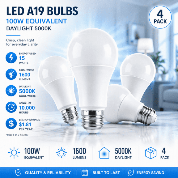 Green Watt A19 LED Light Bulb, 15 Watts (100W Equivalent) Daylight, E26 Base, Dimmable (4-Pack)