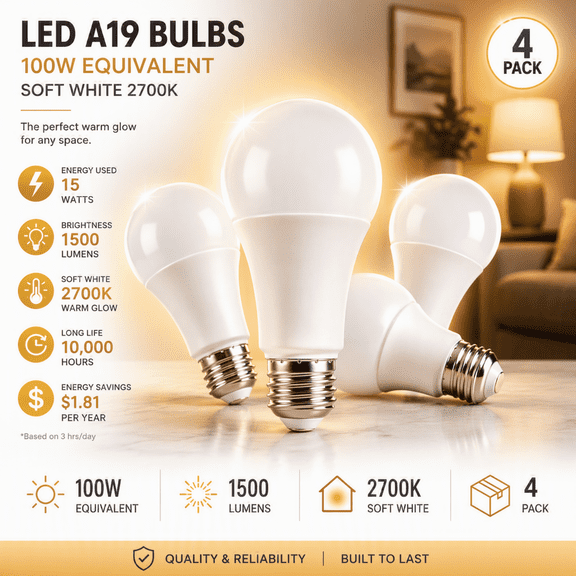 Green Watt A19 LED Light Bulb, 15 Watts (100W Equivalent) Warm White, E26 Base, Dimmable (4-Pack)