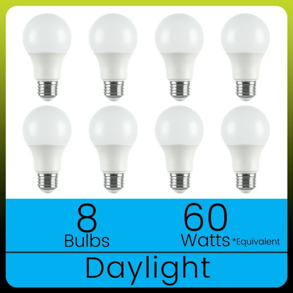 Green Watt A19 LED Light Bulb, 8-Watts (60W Equivalent) Daylight White, E26 Medium Base, Dimmable, 8-Pack