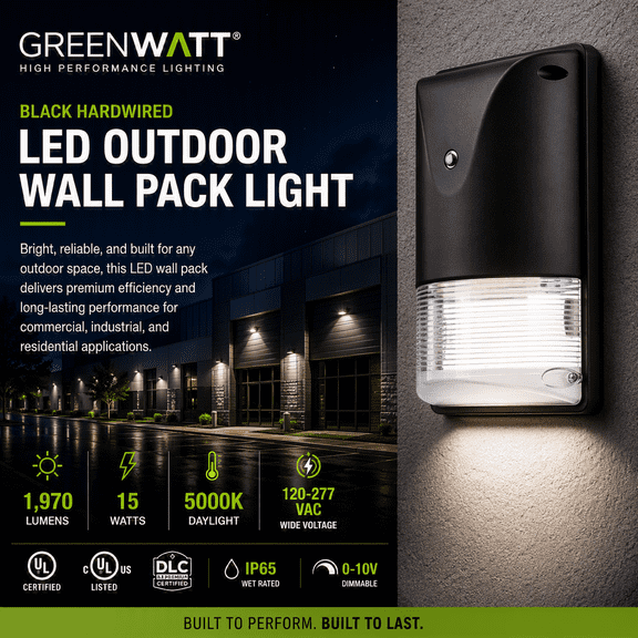 Green Watt Commercial Grade LED Mini Wall Pack Light, 1970 Lumens, 15W, 5000K Daylight, 120-277V, IP65 Wet Rated