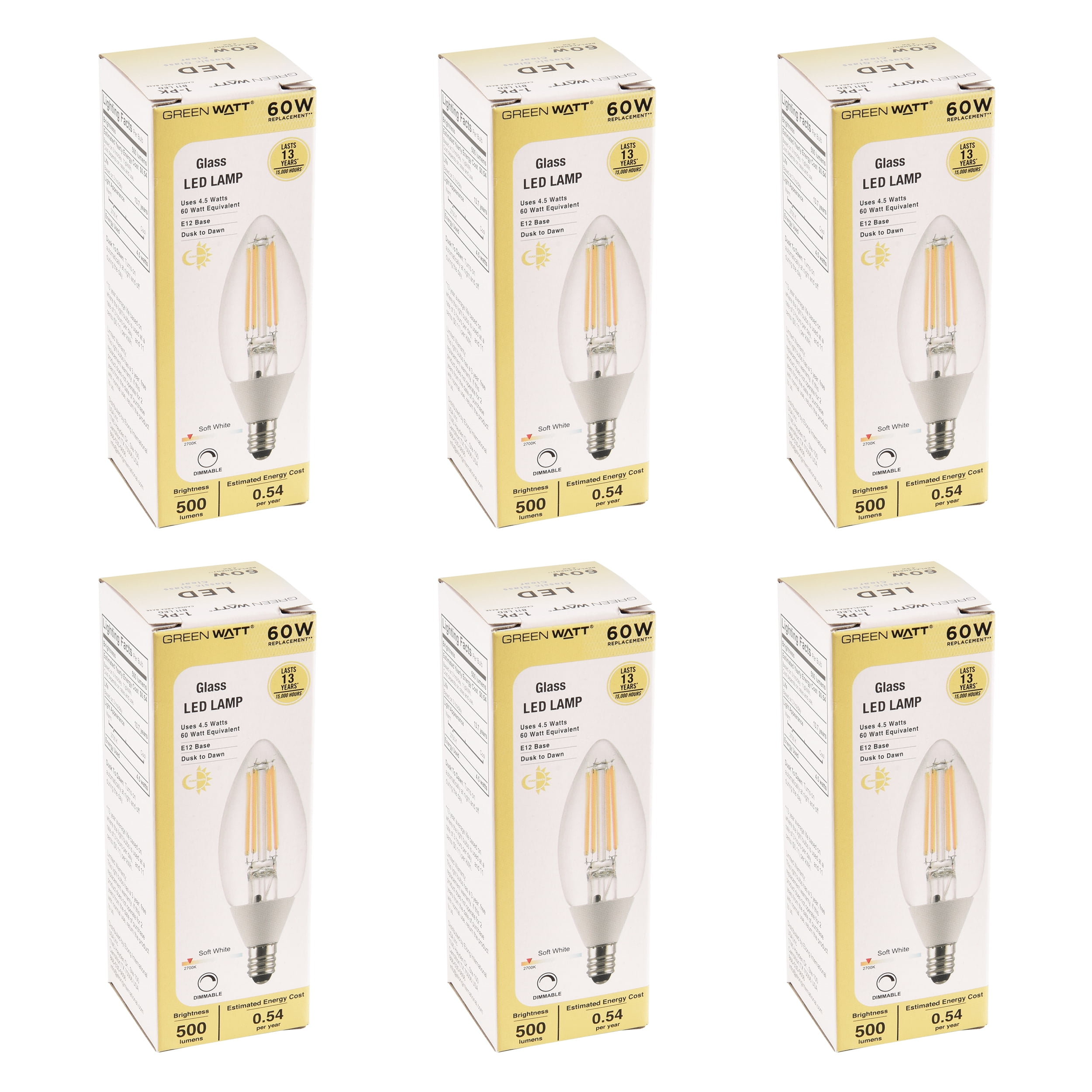Green Watt Dusk-to-dawn 60 -Watt EQ B11 Soft white Candelabra screw base E12 Dimmable LED Decorative Light Bulb (6-Pack)